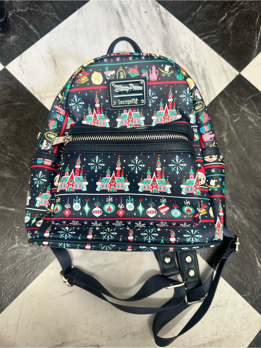 Loungefly Disney Parks Holiday Castle Mini Backpack with Teal and Red Accents